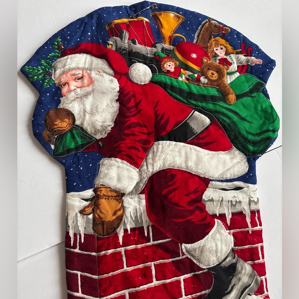 Vtg Jumbo Down Chimney Fabric Christmas Stocking Large Cranston Complete Quilted - Picture 5 of 6